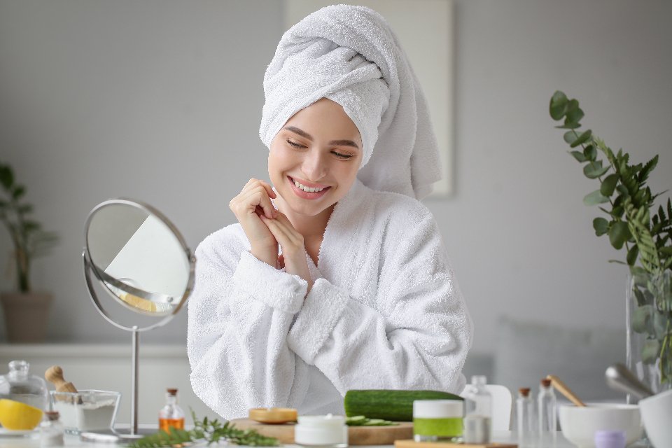 Body mist routine at a vanity after a bath