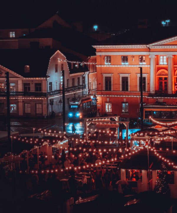 Christmas market town square night