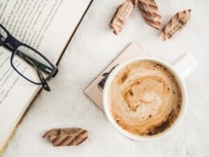 Coffee and book flatlay