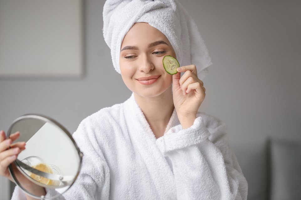 Evening skincare routine at a vanity mirror after double cleansing