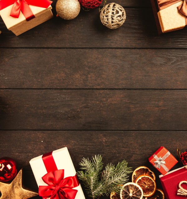 Holiday gift boxes on a wooden table