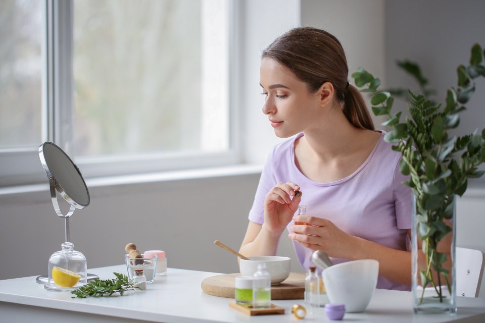 Korean skincare routine products on a vanity table