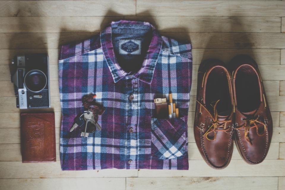 Men's flat lay with a plaid shirt, leather shoes and accessories