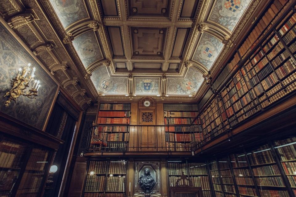 Grand library symbolizing the achievements of women Nobel Prize winners