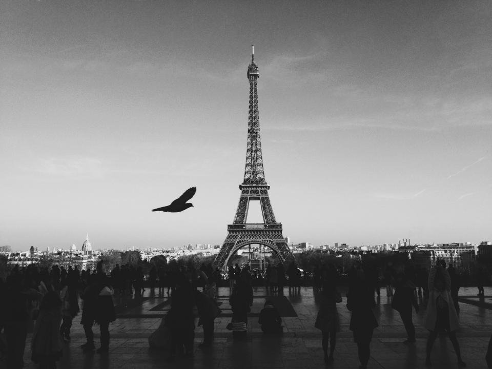 Black and white Eiffel Tower view for the Paris section of a fashion week guide