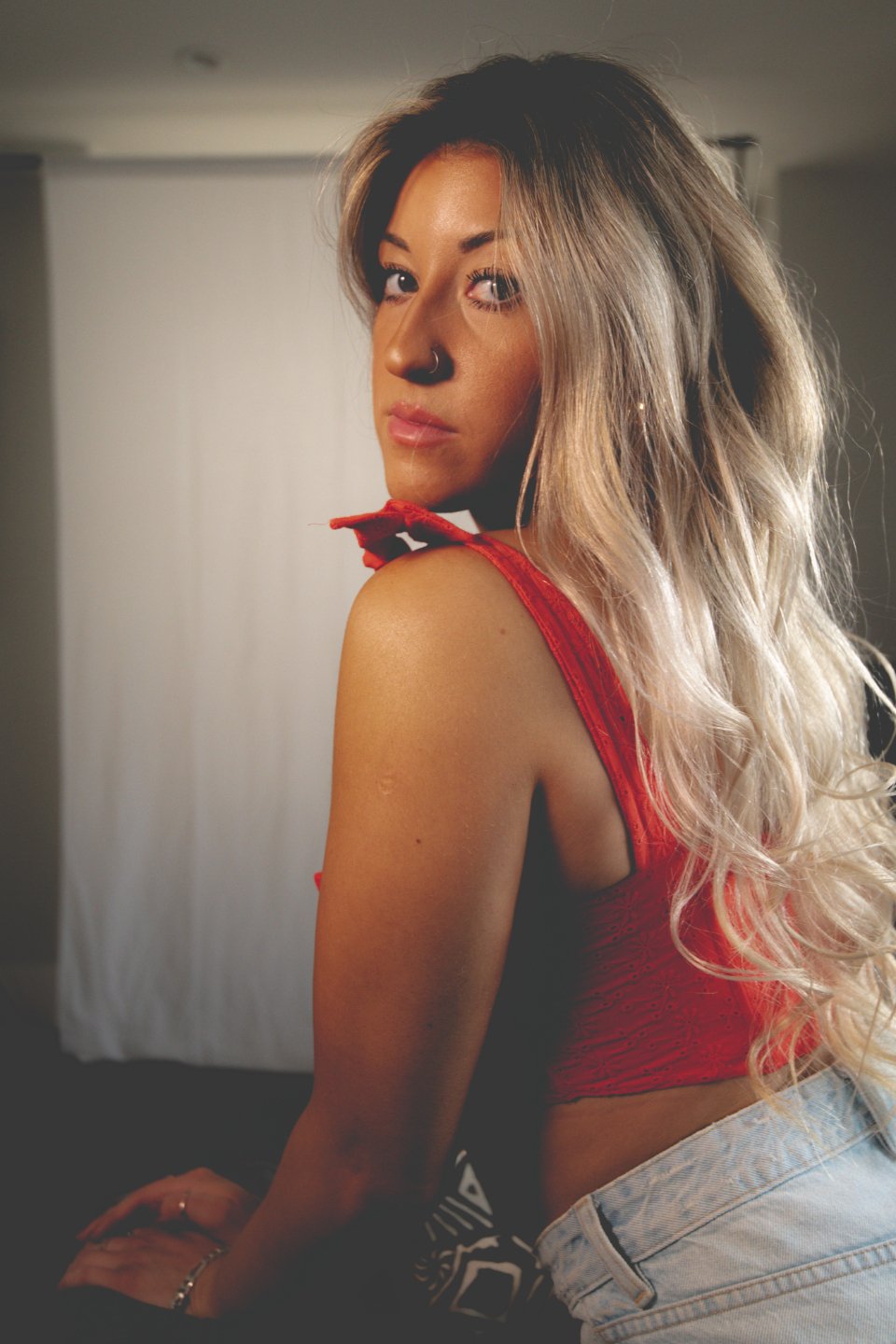 Woman in a red dress for an evening holiday party