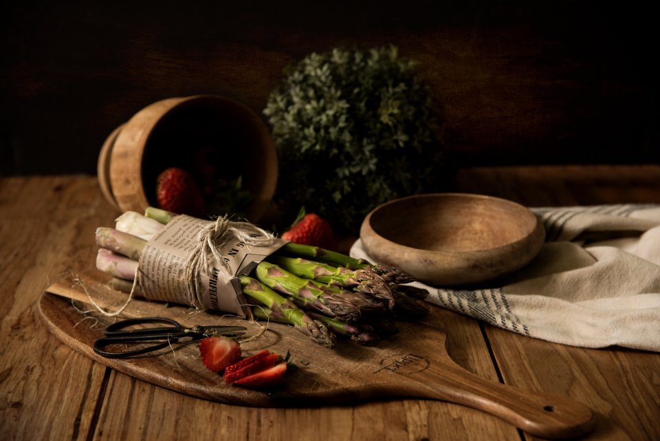 Rustic kitchen table with a seasoned cast iron pan