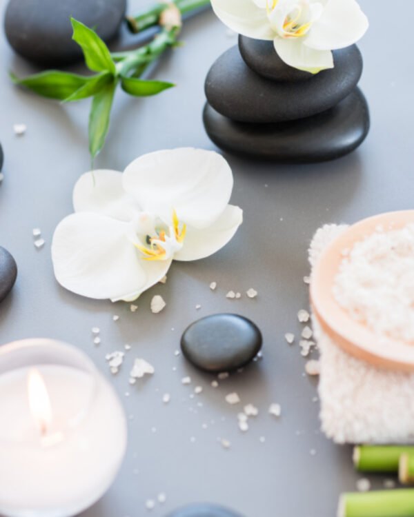 Spa orchid salt flatlay