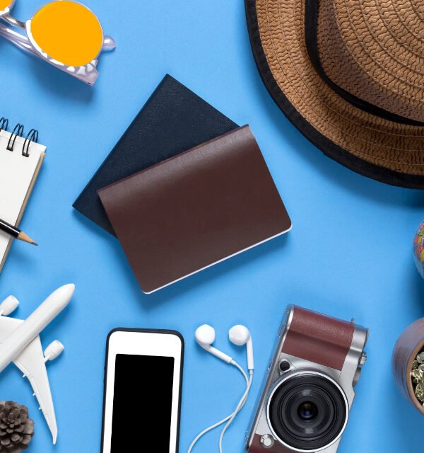 Travel flatlay blue