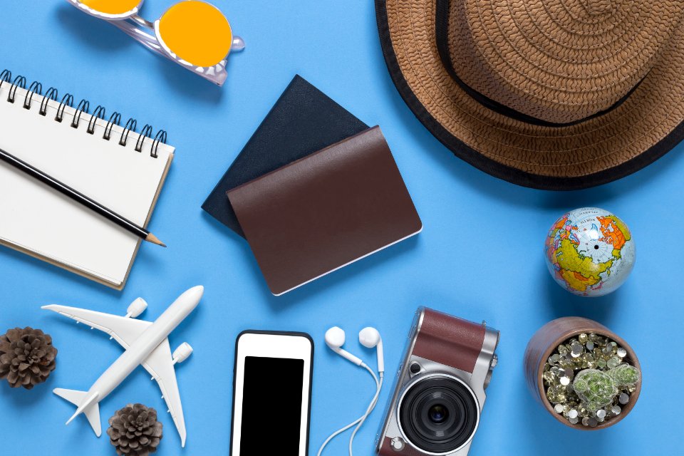Travel flatlay blue