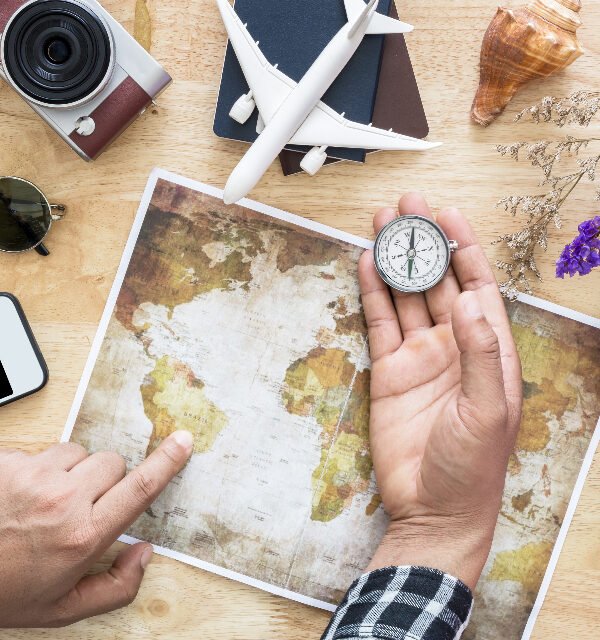Travel flatlay map phone