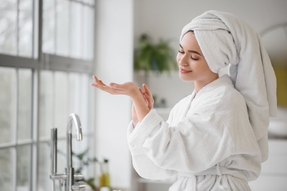 Woman skincare by bathroom window