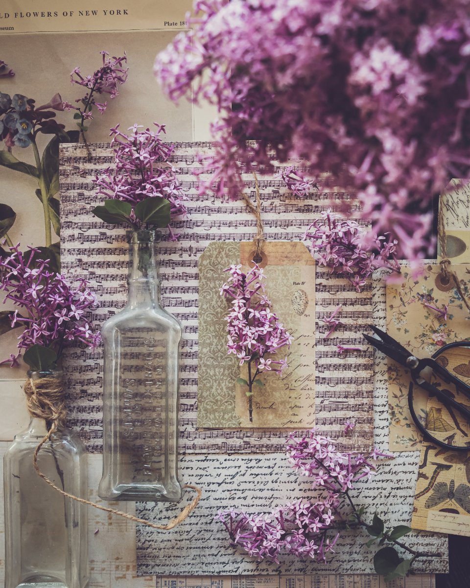 Vintage letters and lilac flowers recalling early international women's day history