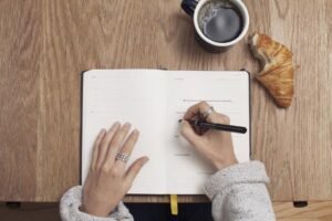 Writing in planner coffee