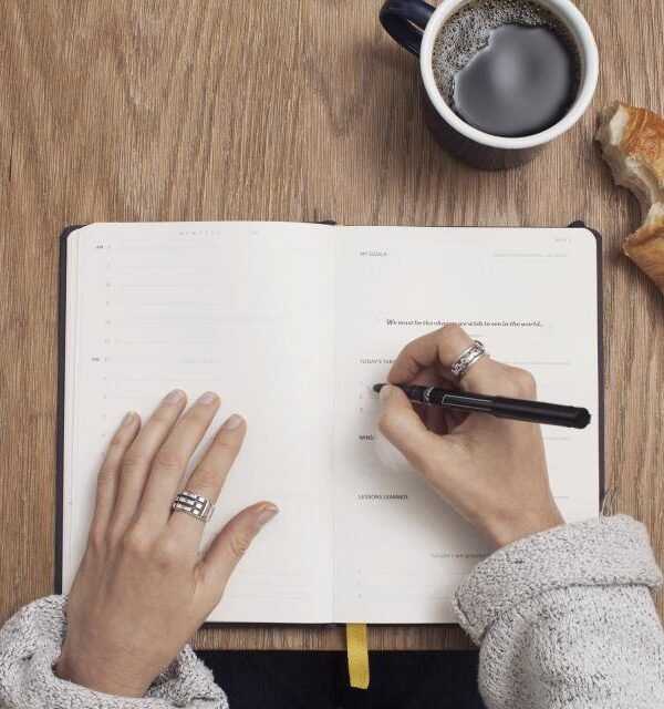 Writing in planner coffee